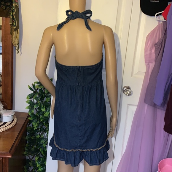 Denim jean backless halter ruffle mini dress sundress S - Picture 3 of 6